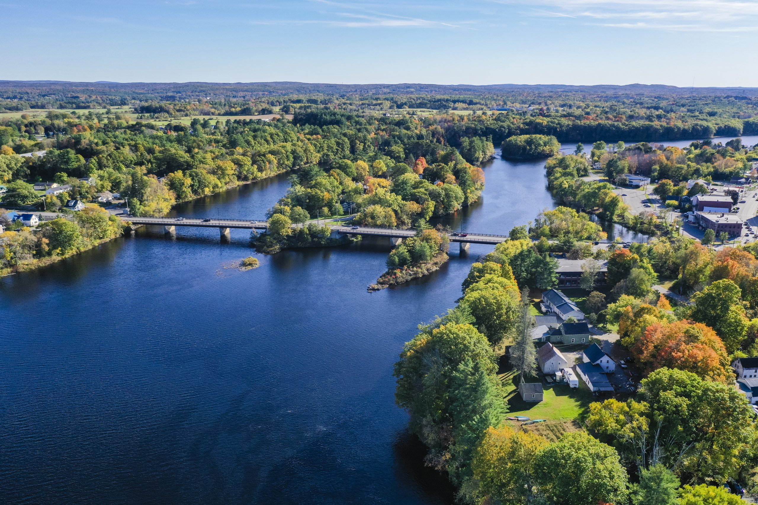 The Kennebec River as seen from above Mill Island Park in Fairfield, Maine.